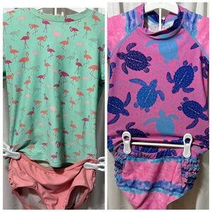 Ruffle Butts Mint & Pink Flamingo and Pink & Blue Turtle Rashguard Sets